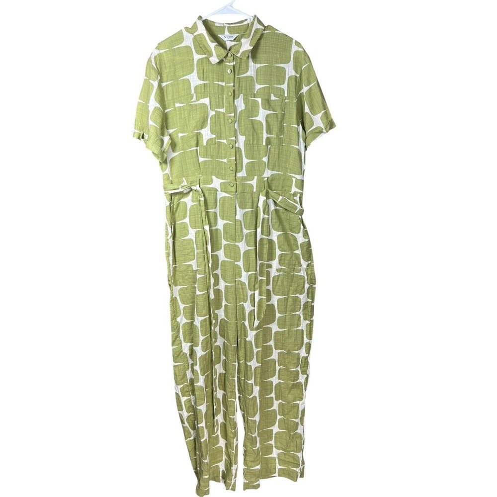 Tu x‎ Scion Green White Abstract Jumpsuit UK 14 US 10 Cotton Belted Button Up